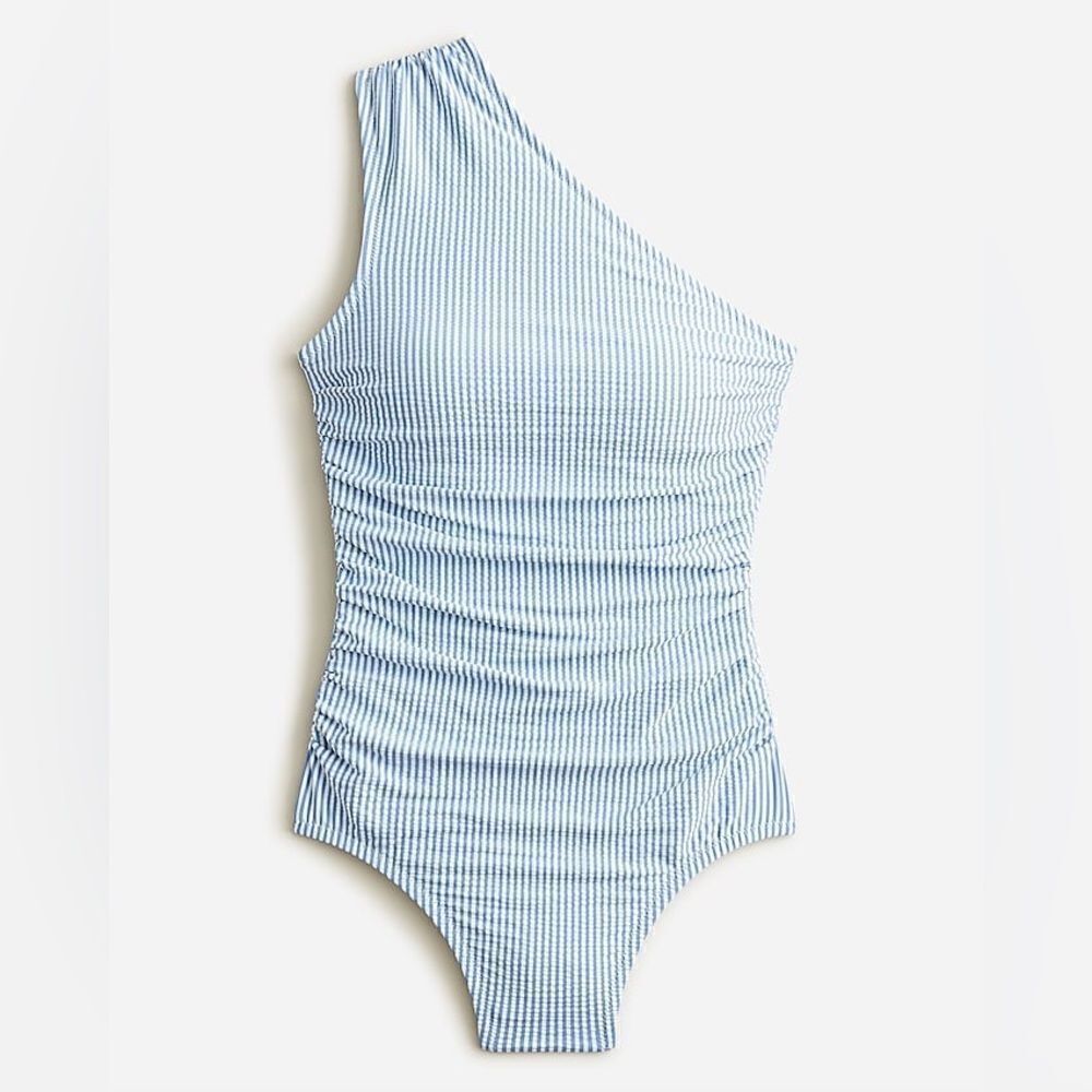 I crew Ruched one-shoulder one-piece in seersucker